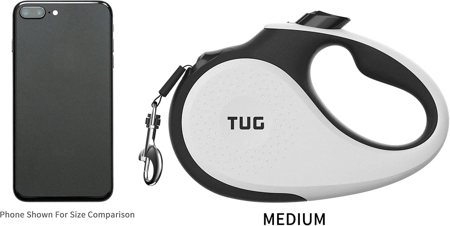 360° Tangle-Free Retractable Dog Leash | 16 Ft Strong Nylon Tape | One-Handed Brake, Pause, Lock (Medium, White)