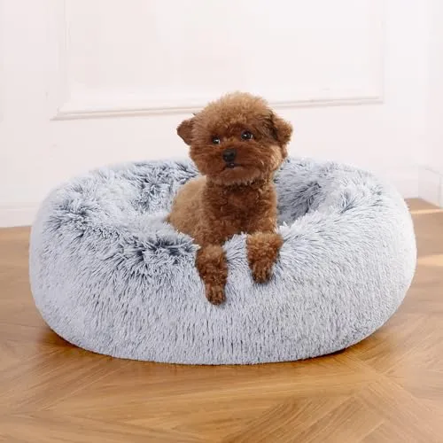 Amazon Basics Donut Pet Bolster Faux Fur Bed for Dog, Grey, 23" x 23"