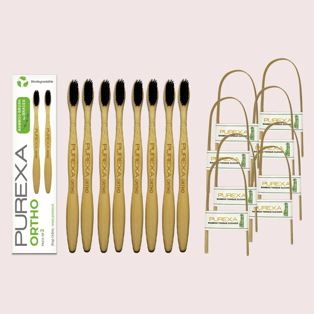 Bamboo Orthodontic Toothbrush and Tongue Scraper Combo