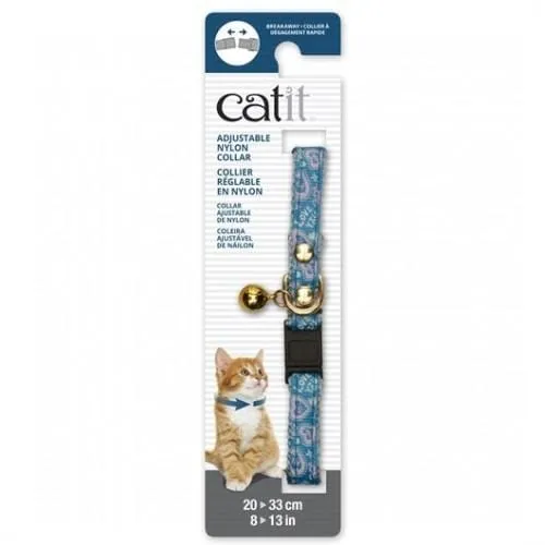 Catit Adjustable Breakaway Nylon Cat Collar Rivets Blue With Pink Hearts