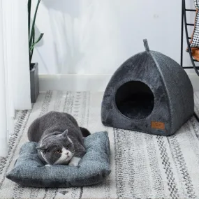 Cozy Plush Gray Cave Bed for Small Dogs and Cats