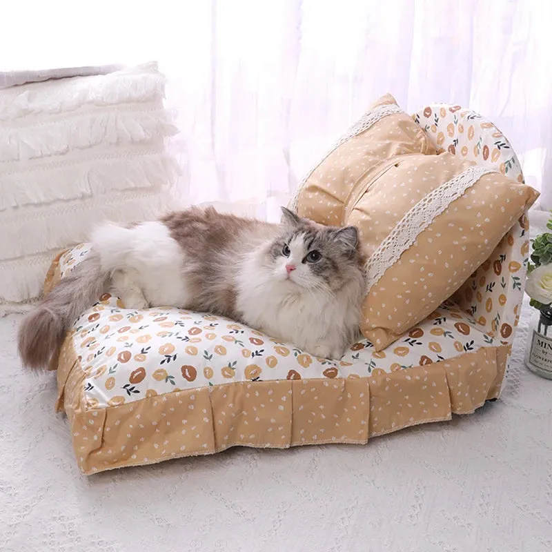 Cute Bow Cat Dog Bed With Pillow - Princess Nest - Small/Medium Puppy Mattresses - Sleeping Mat - Detachable Pet Sofa - Dog Beds Supplies