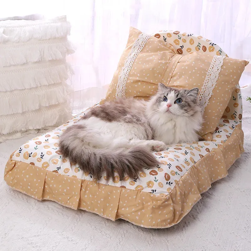 Cute Bow Cat Dog Bed With Pillow - Princess Nest - Small/Medium Puppy Mattresses - Sleeping Mat - Detachable Pet Sofa - Dog Beds Supplies