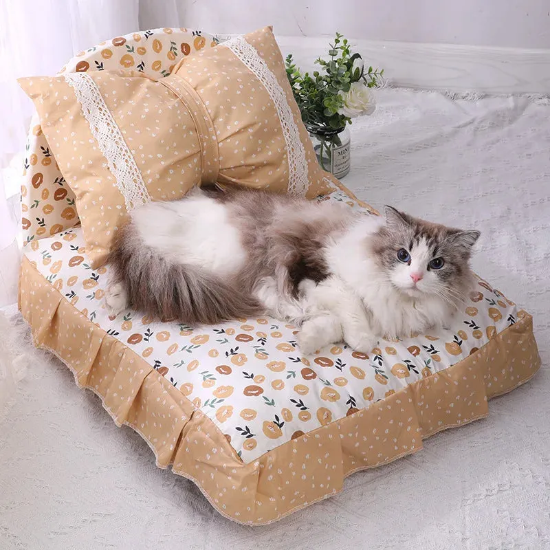 Cute Bow Cat Dog Bed With Pillow - Princess Nest - Small/Medium Puppy Mattresses - Sleeping Mat - Detachable Pet Sofa - Dog Beds Supplies