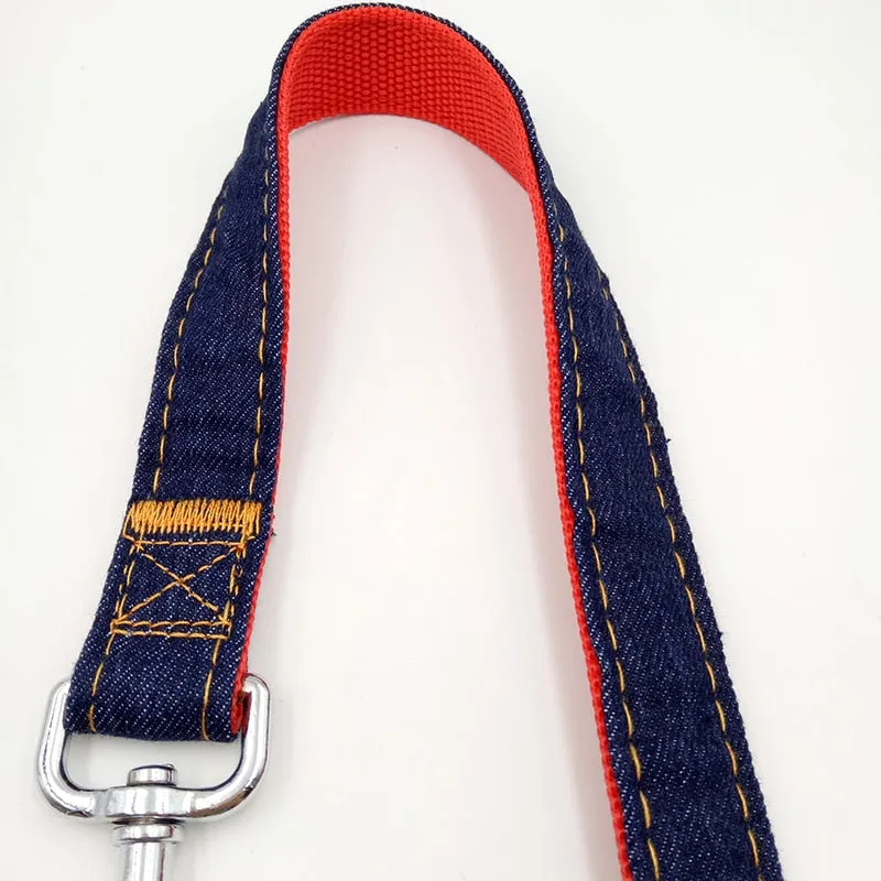 Denim Dog Vest Harness Leash Jeans Leash Harnesses Lead Cowboy Traction Rope Strong Leash Dog Collar Teddy Pet Training Supplies