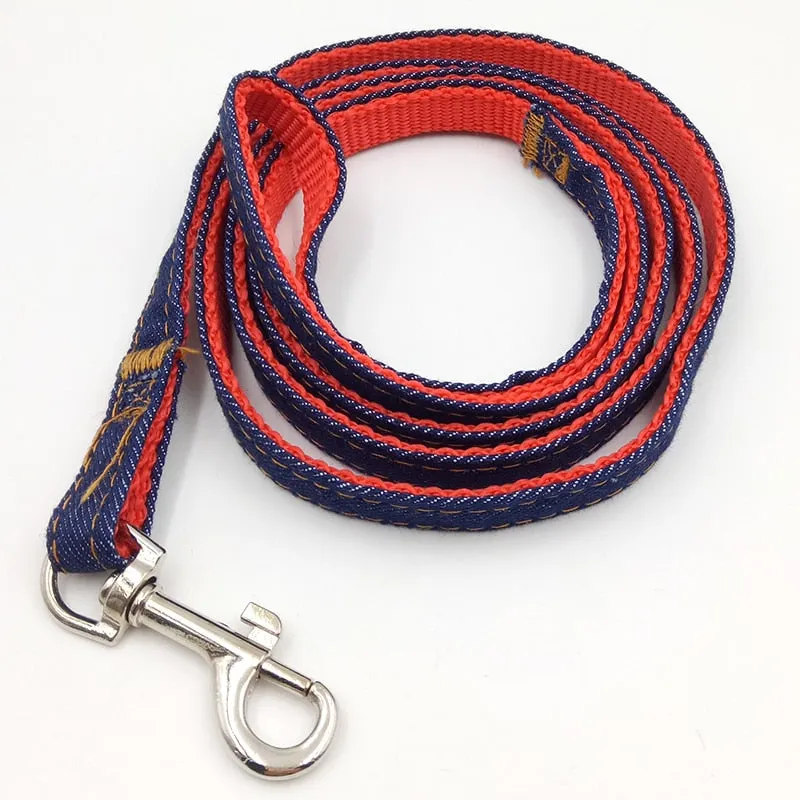 Denim Dog Vest Harness Leash Jeans Leash Harnesses Lead Cowboy Traction Rope Strong Leash Dog Collar Teddy Pet Training Supplies