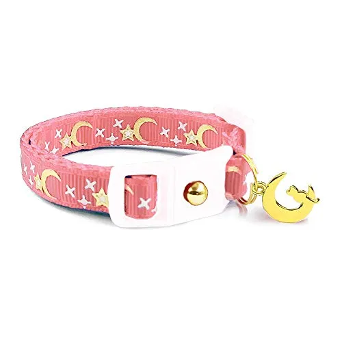 Gold Moons Stars on Coral Pink Cat Collar