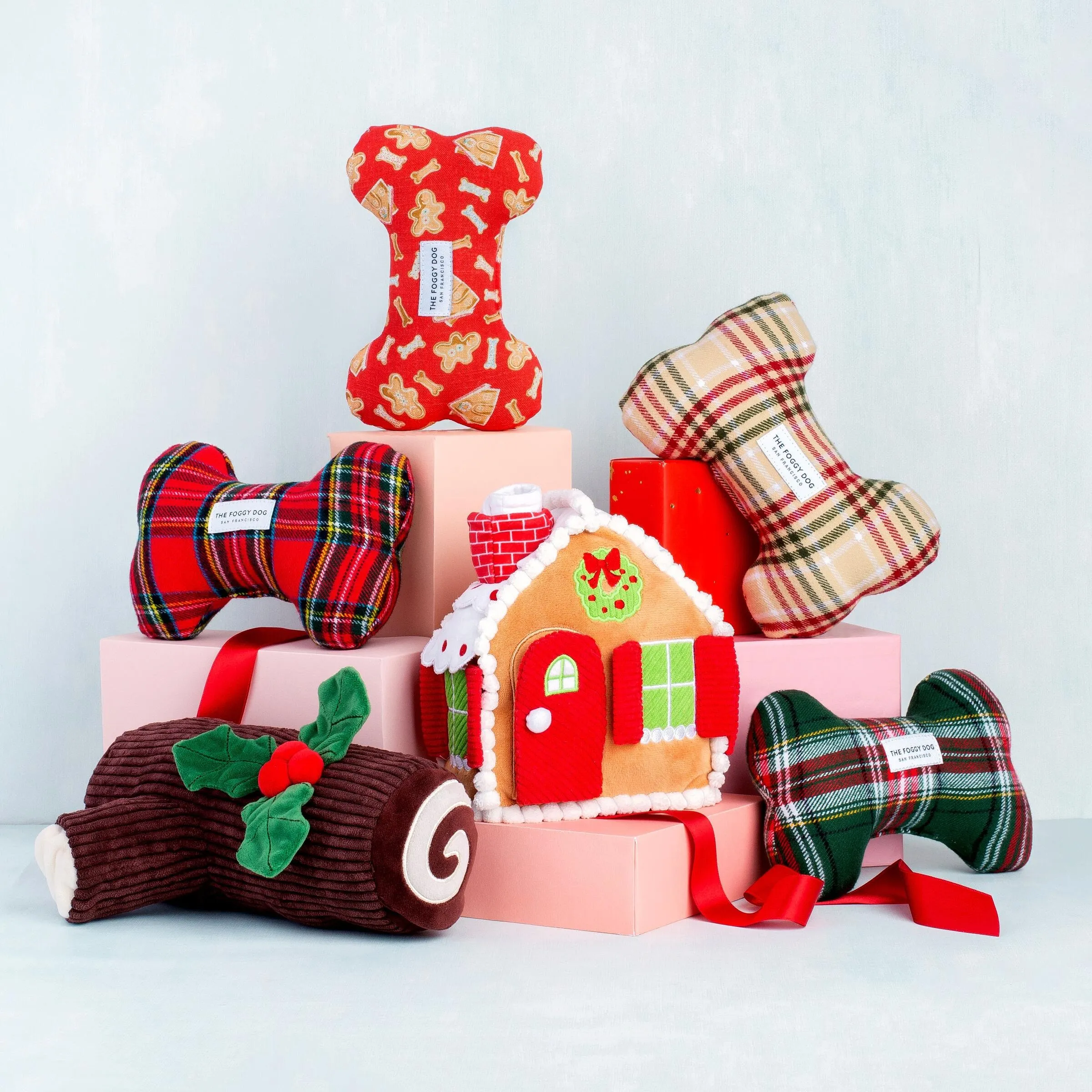 Holiday Squeaky Plush Dog toys, Tartan Plaid Flannel