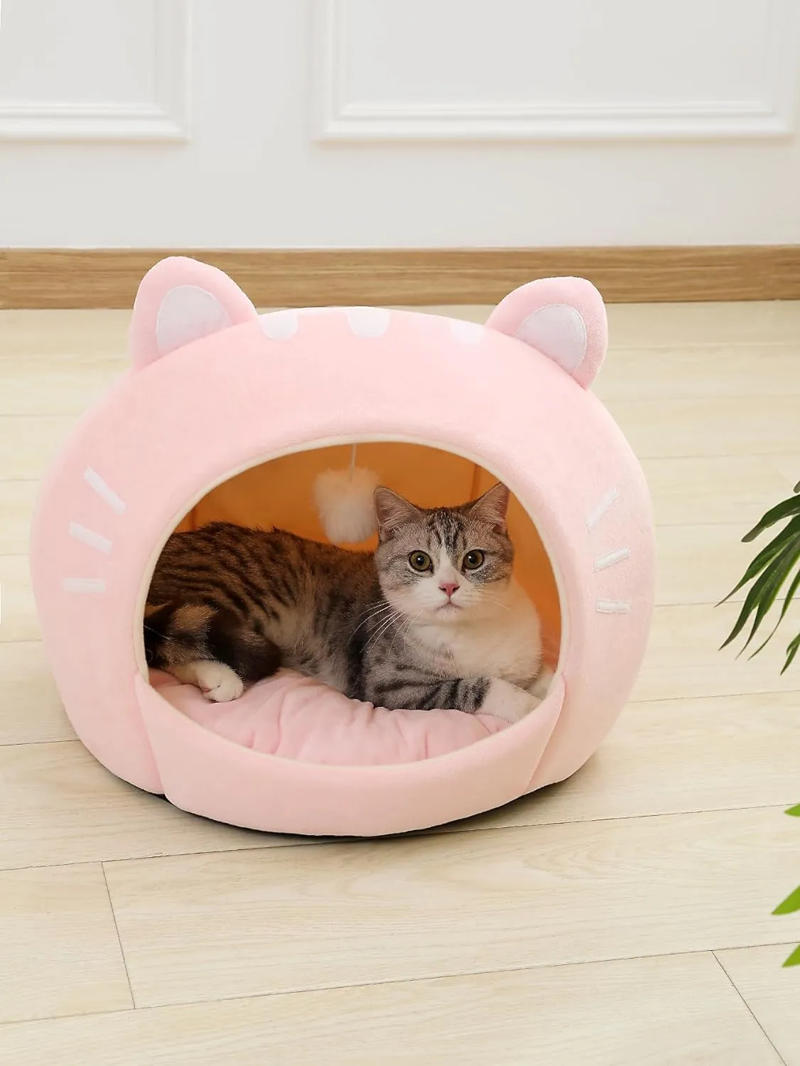 Indoor Cat Bed Cave with Removable Cushion - Pet Plush Tent House Cartoon Ear Design Pet Bed with Pompom for Cats Kitten Dogs Puppy and Rabbit Pink and White L