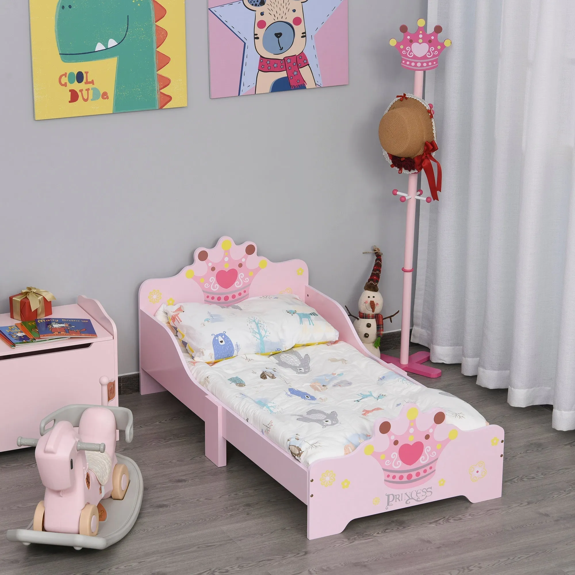 Kids Toddler Bed Princess Crown Theme Safety Side Rails Slats Home Bedroom Furniture Boys Girls 3-6 Yrs Pink 143 x 73 x 60 cm