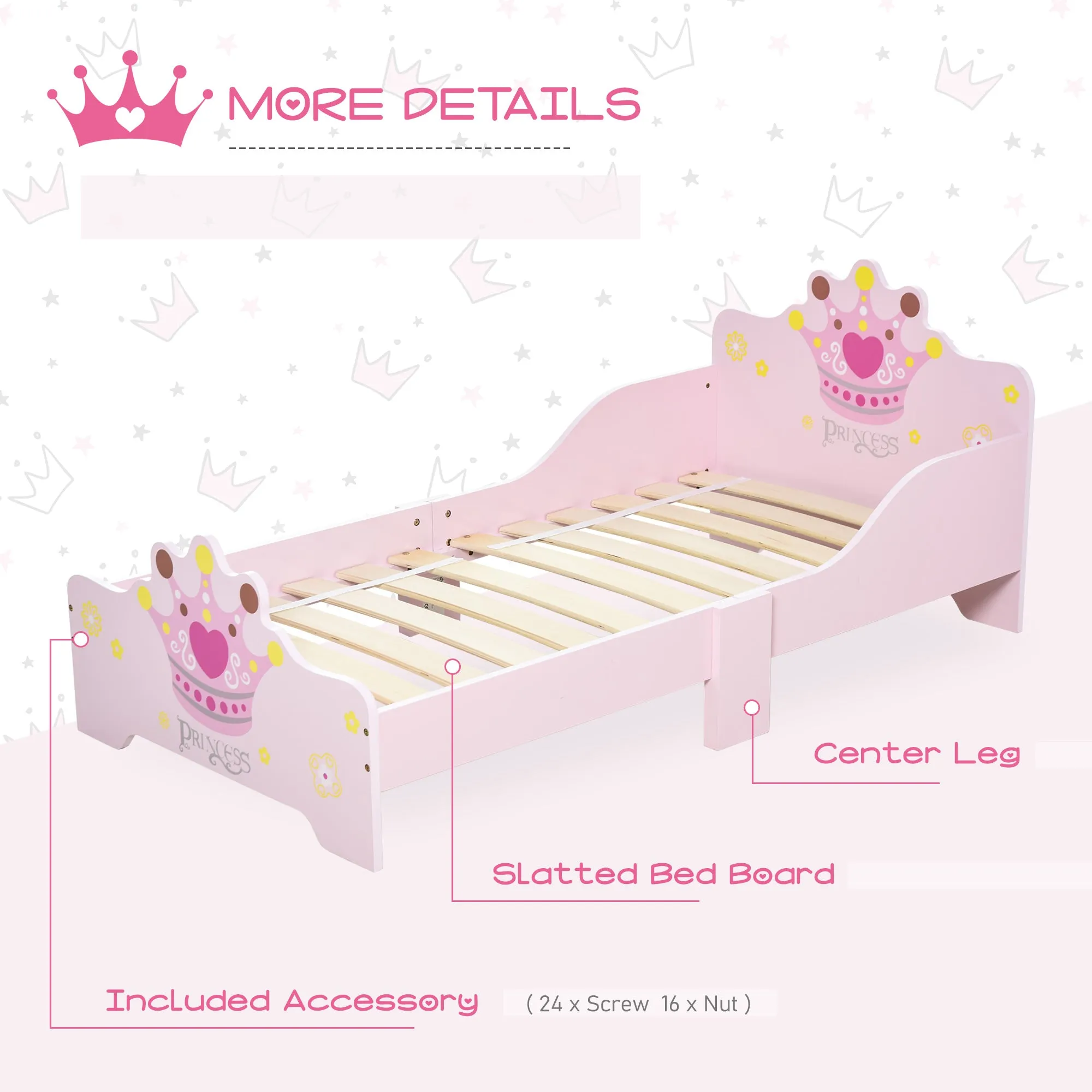 Kids Toddler Bed Princess Crown Theme Safety Side Rails Slats Home Bedroom Furniture Boys Girls 3-6 Yrs Pink 143 x 73 x 60 cm