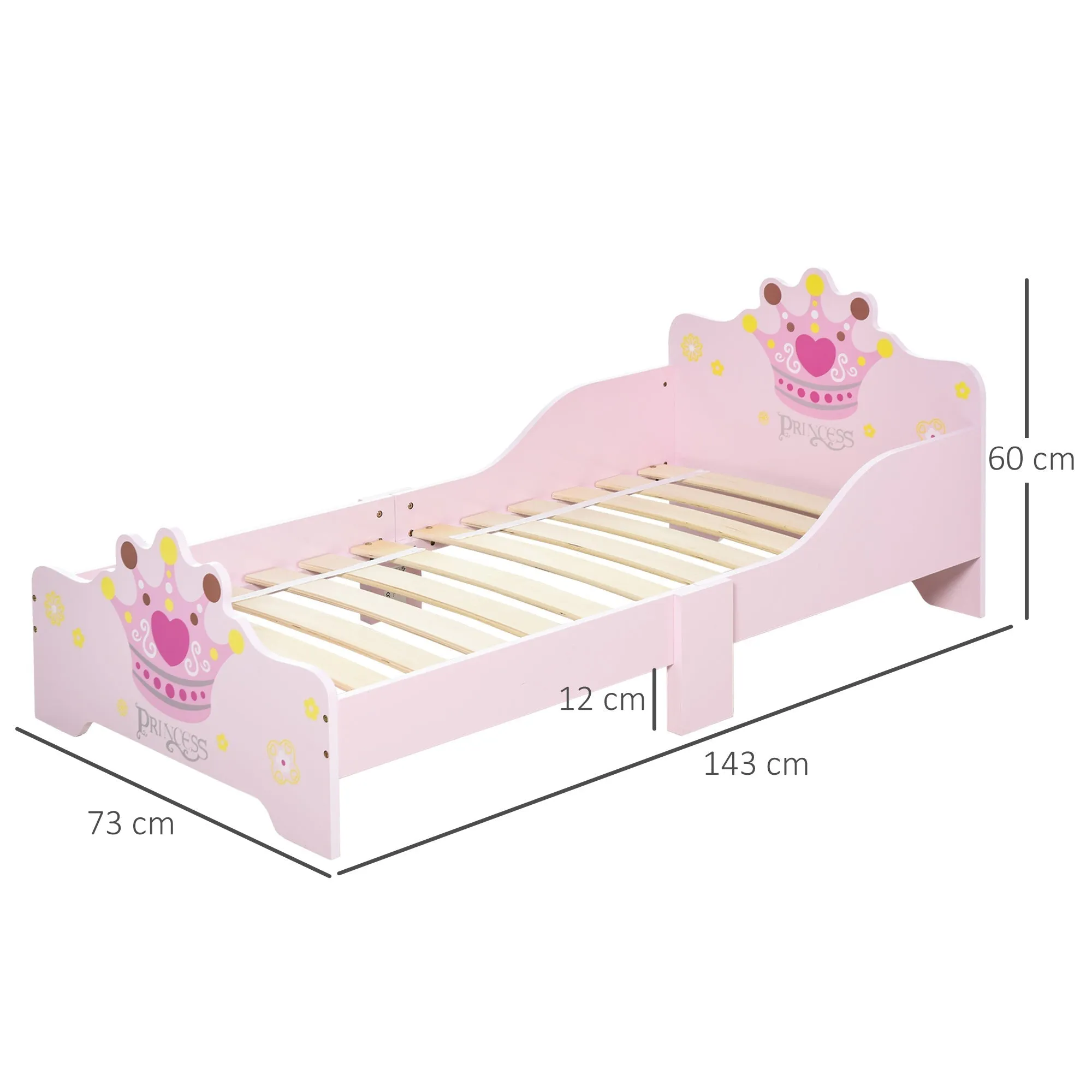 Kids Toddler Bed Princess Crown Theme Safety Side Rails Slats Home Bedroom Furniture Boys Girls 3-6 Yrs Pink 143 x 73 x 60 cm