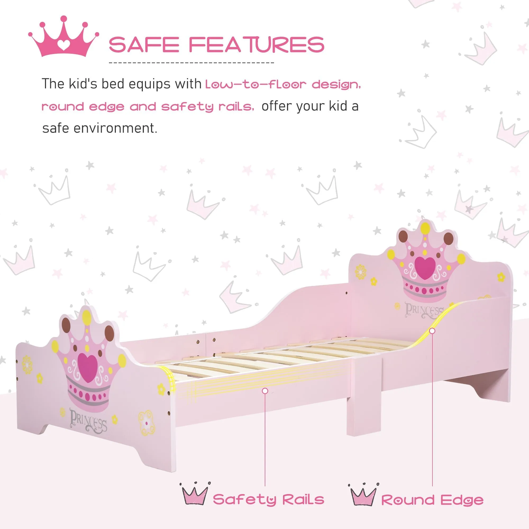 Kids Toddler Bed Princess Crown Theme Safety Side Rails Slats Home Bedroom Furniture Boys Girls 3-6 Yrs Pink 143 x 73 x 60 cm