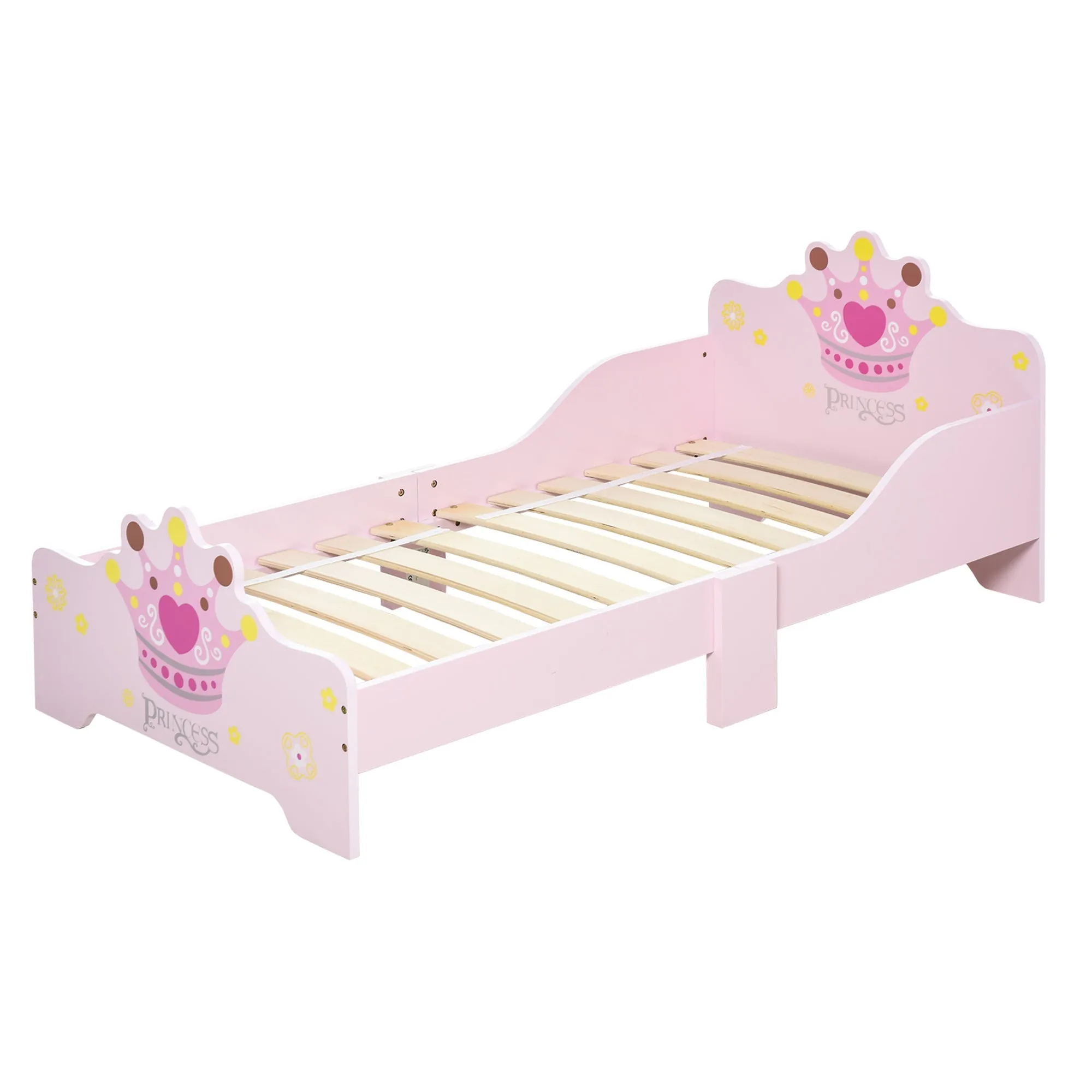 Kids Toddler Bed Princess Crown Theme Safety Side Rails Slats Home Bedroom Furniture Boys Girls 3-6 Yrs Pink 143 x 73 x 60 cm