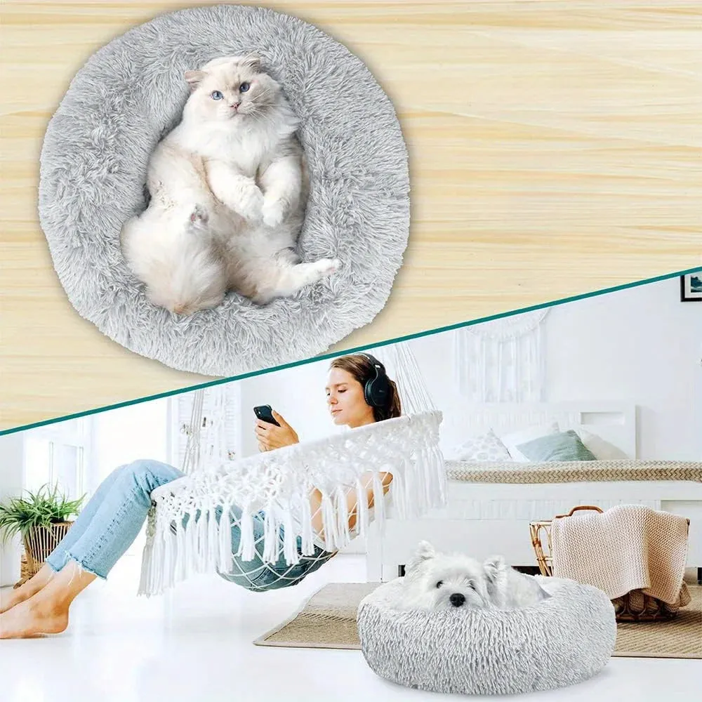 PawfectFriend Calming Donut Bed – Plush Fluffy Cushion for Dogs & Cats, XL 70cm (Light Grey)