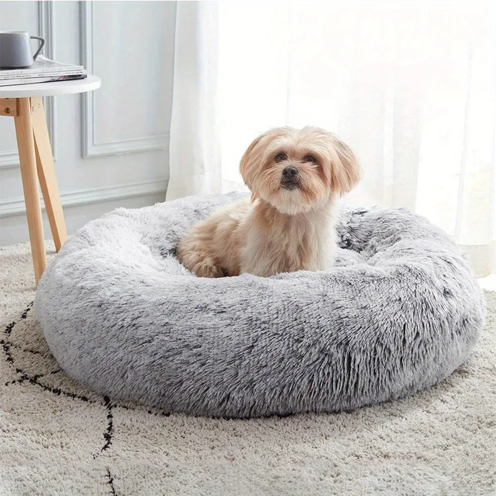 PawfectFriend Calming Donut Bed – Plush Fluffy Cushion for Dogs & Cats, XL 70cm (Light Grey)