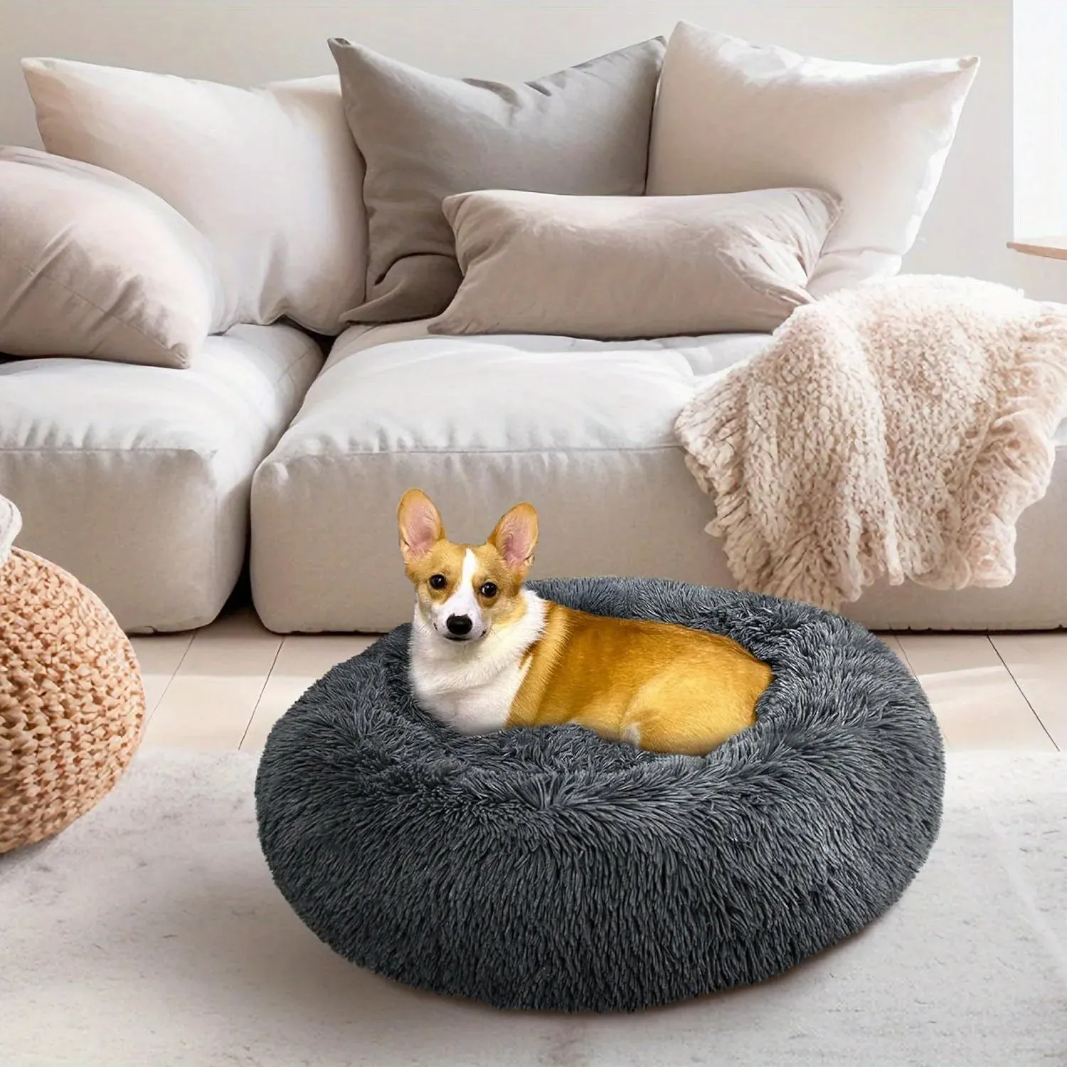 PawfectFriend Calming Donut Bed – Plush Fluffy Cushion for Dogs & Cats, XL 70cm (Light Grey)