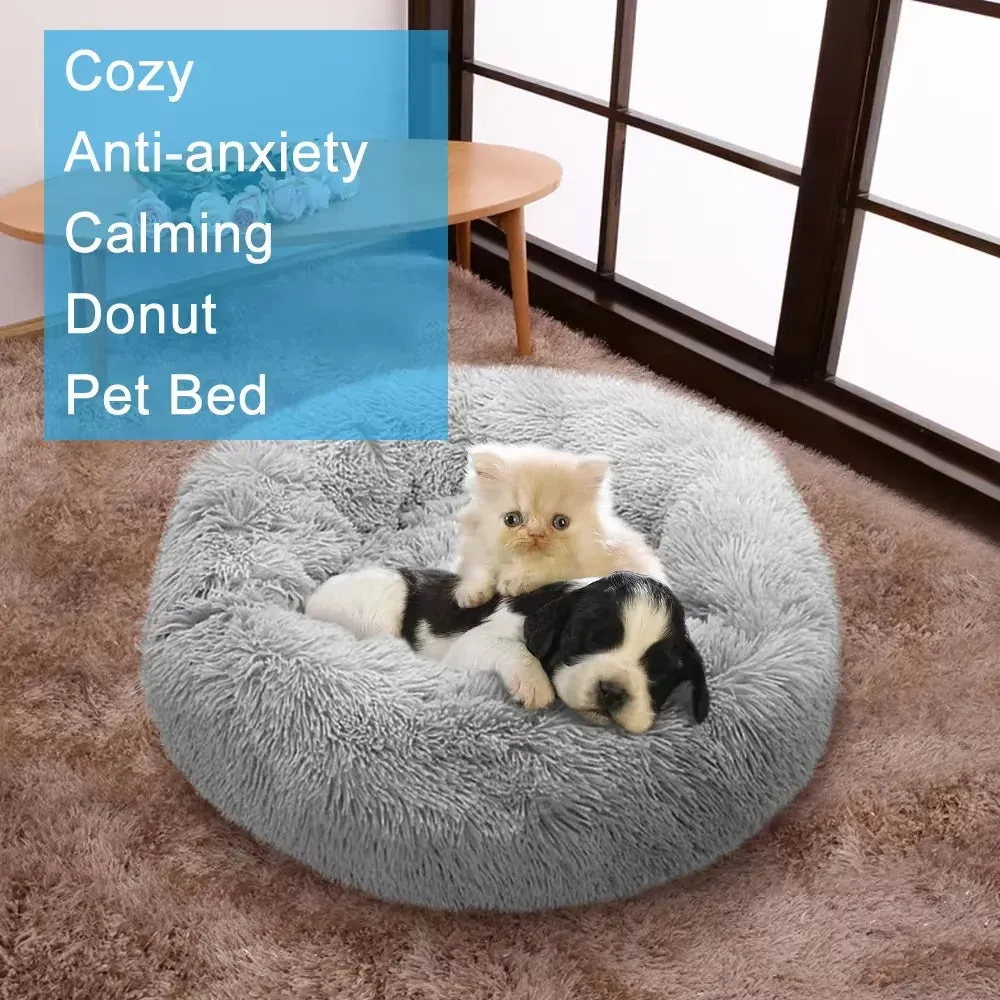 PawfectFriend Calming Donut Bed – Plush Fluffy Cushion for Dogs & Cats, XL 70cm (Light Grey)