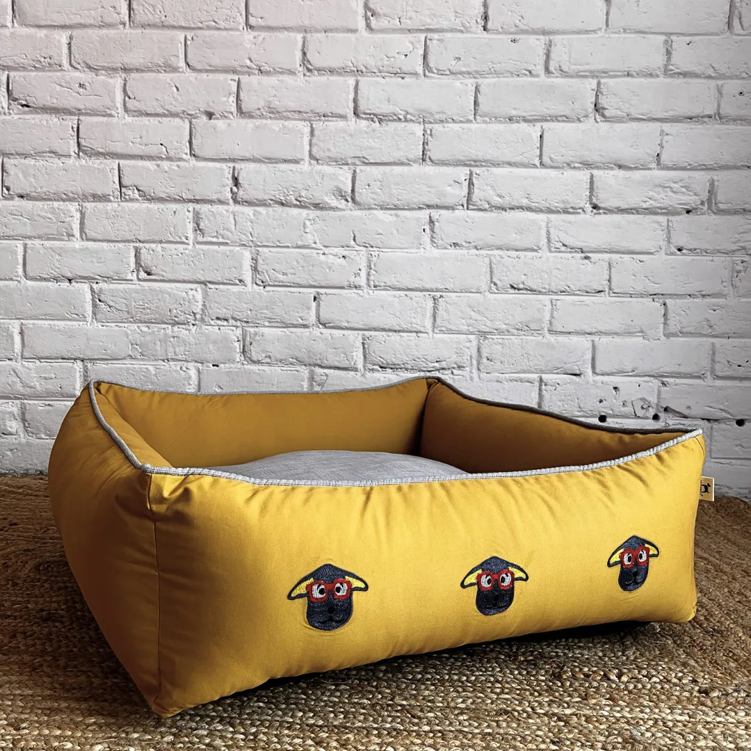 PoochMate OAK 3.0 :  Nerdy Doggies Mustard & Grey Bolster Dog Bed : Small