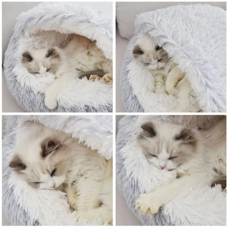 Round Fluffy Hooded Cat Bed