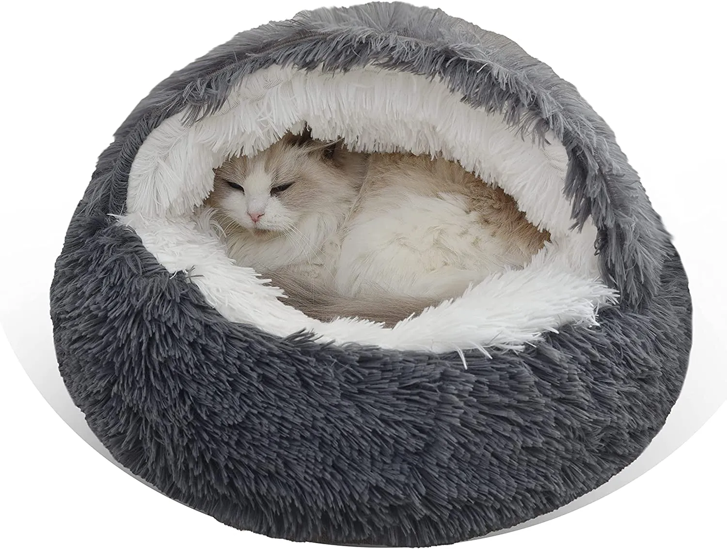 Round Fluffy Hooded Cat Bed