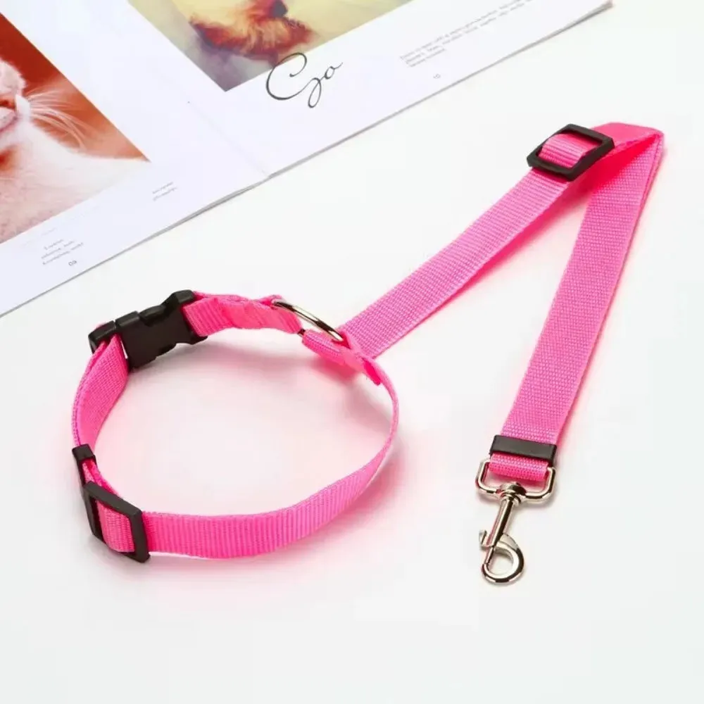 Solid Color Two-in-One Pet Car Seat Belt & Leash Nylon Lead - Adjustable Dogs Harness Collar, Backseat Safety Belt