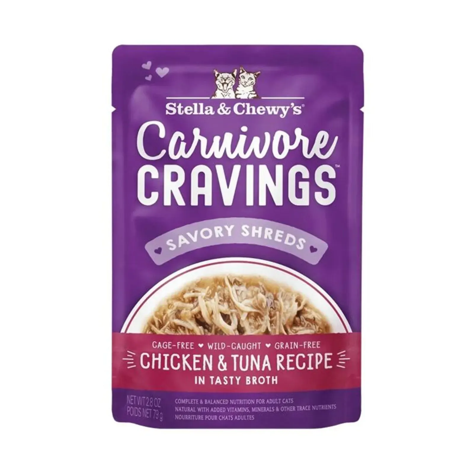 Stella & Chewy's - Carnivore Cravings Pouch For Adult Cats in Tasty Broth (Savory Shreds) - Adult Chicken & Tuna Recipe 2.8oz