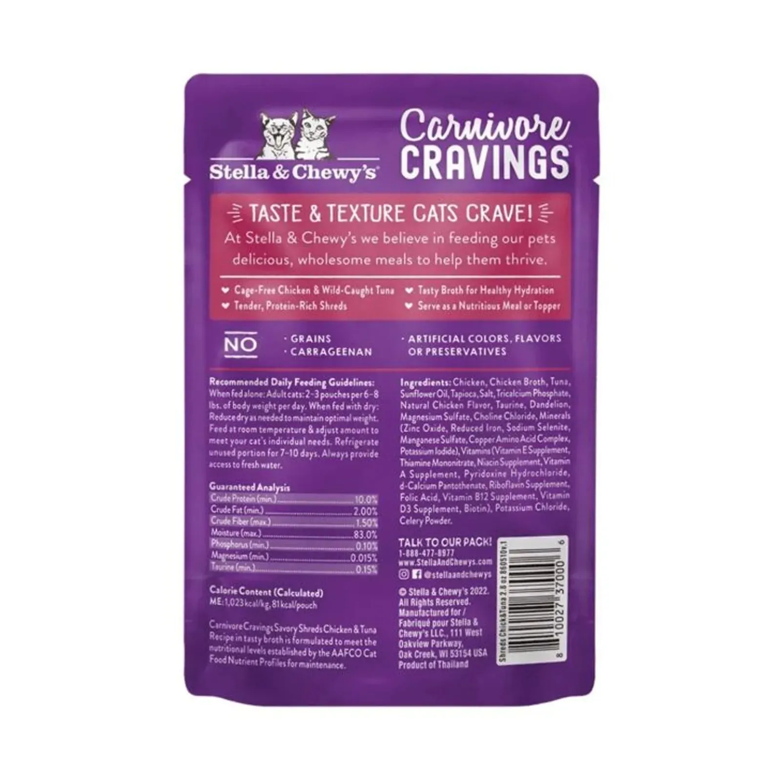 Stella & Chewy's - Carnivore Cravings Pouch For Adult Cats in Tasty Broth (Savory Shreds) - Adult Chicken & Tuna Recipe 2.8oz